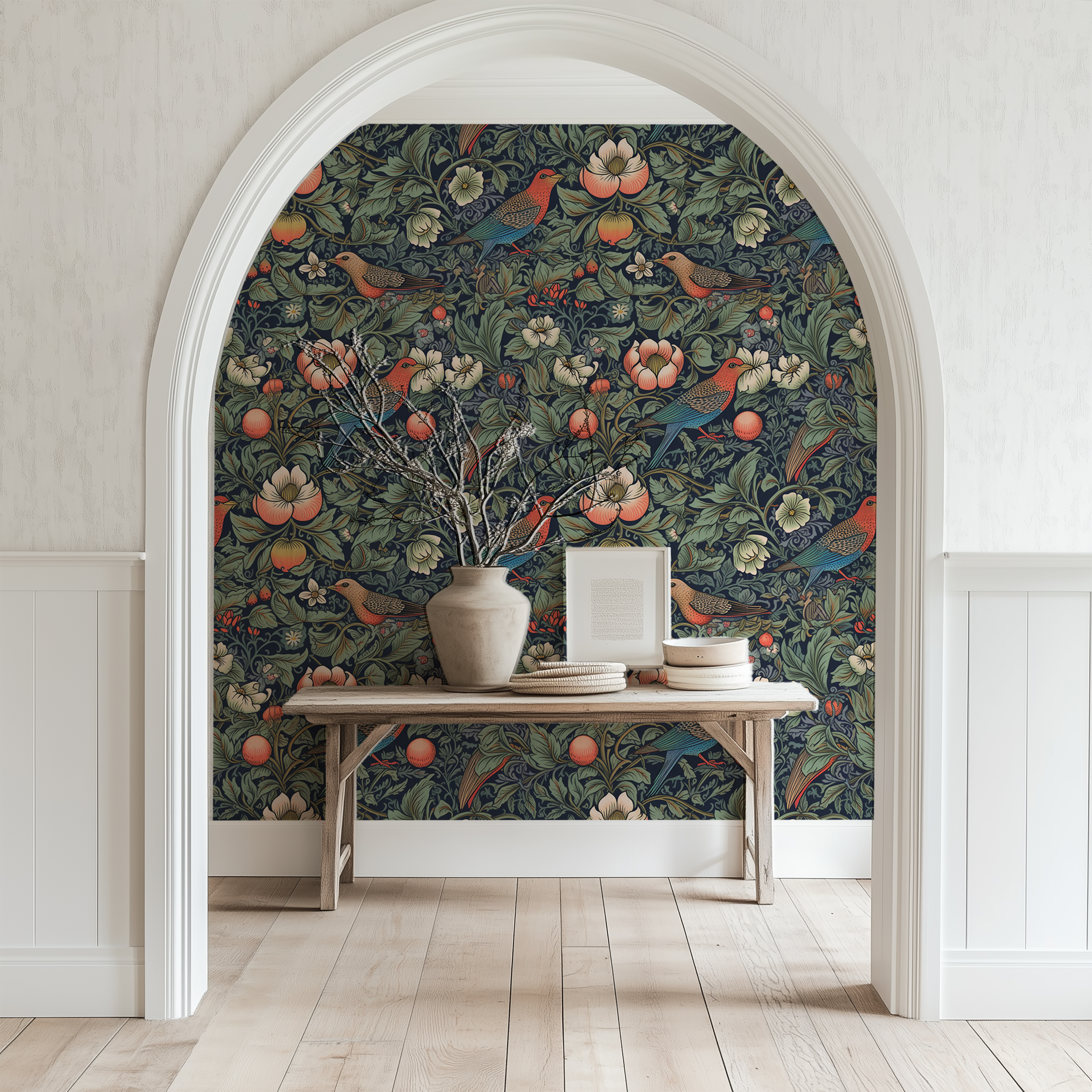 birds pattern wallpaper on entryway wall
